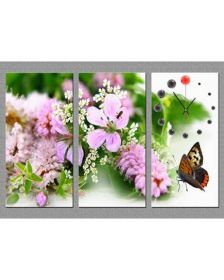 Tranh đồng hồ bộ 3 tấm hoa và bướm DH233A